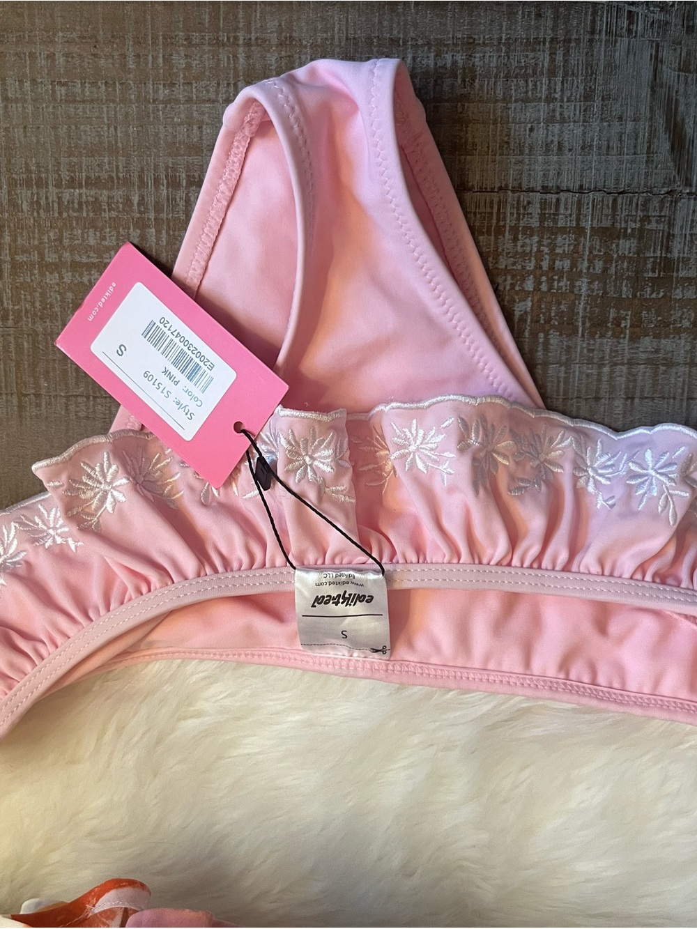 Edikted Pink bikini bottom with White Floral Embroidery and Ruffle Trim